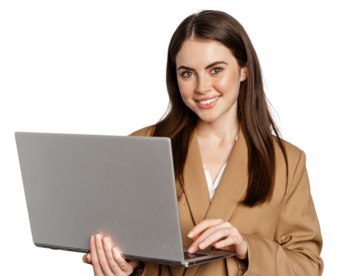 portrait corporate woman working with laptop smiling looking assertive white background PhotoRoom 1